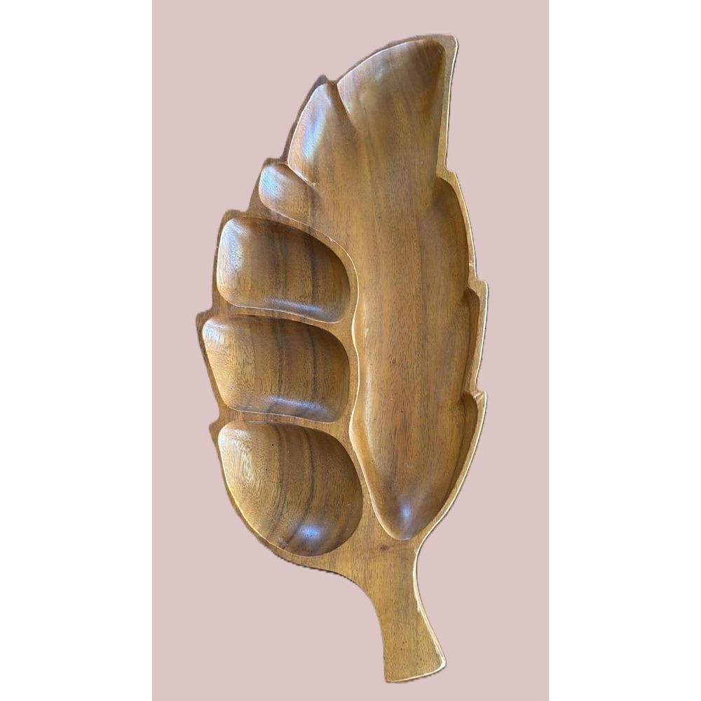 Vintage Large‎ Leaf Divided Platter Brown MCM Tiki Wood Tray